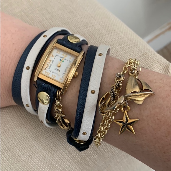 Gold and Blue Leather Wrap Watch with Charms - Picture 1 of 11